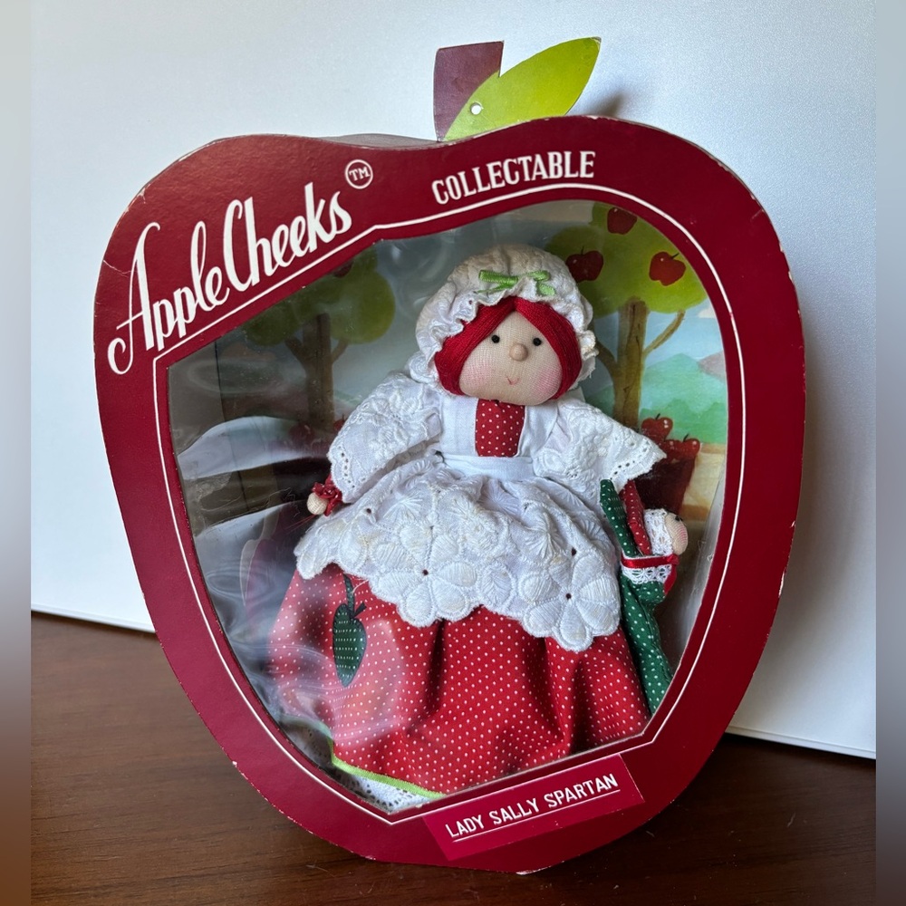 Vintage 80s Apple Cheeks, Lady Sally Spartan Doll, with Christmas Stocking